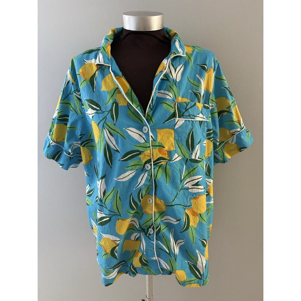 PRINT FRESH Lemon Pajama Top Size 1X Blue Summer Print Short Sleeve Button Up